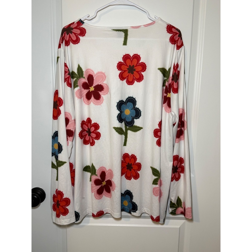 Emery Rose White Floral V-Neck Long Sleeve Top Plus Size 4XL Boho Casual Tee - Picture 2 of 6
